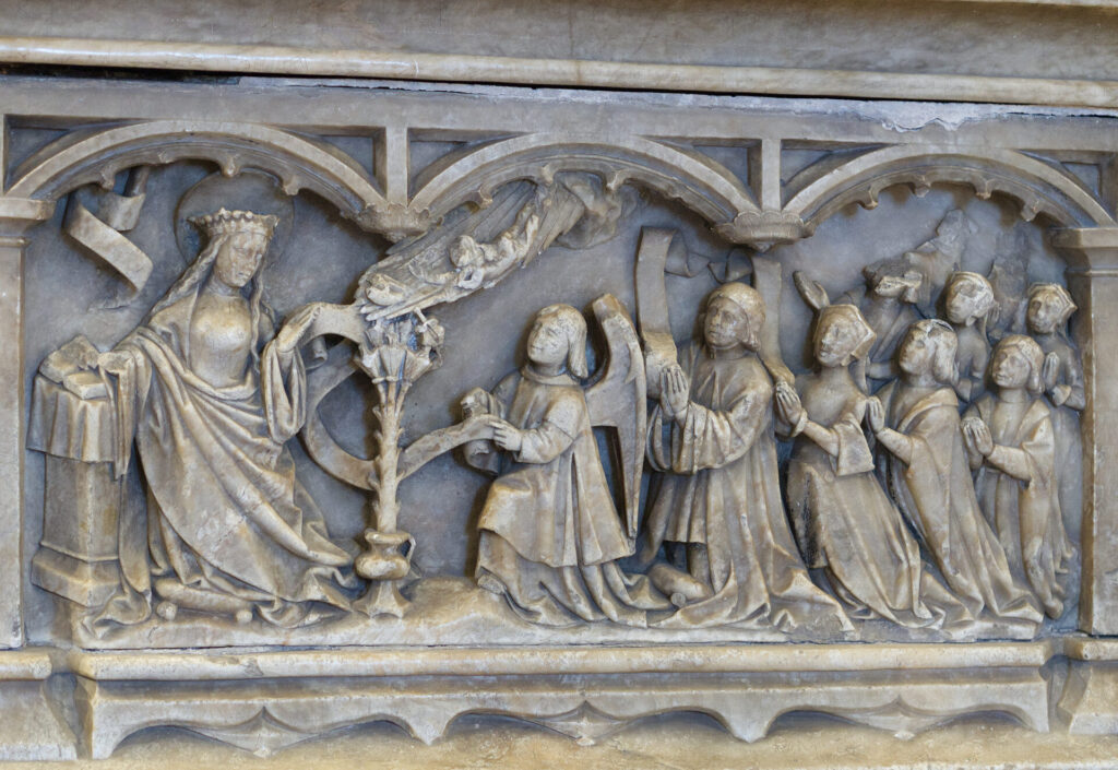 Frieze of Virgin Mary and adoring crowd