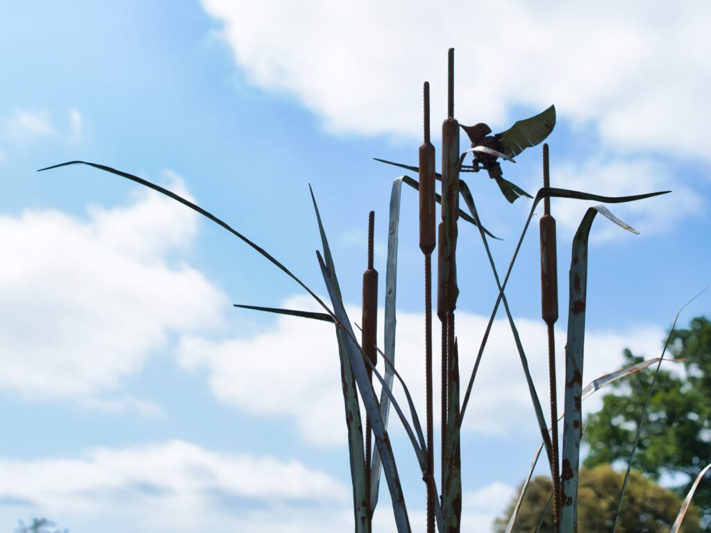 Artwork of bird on bullrushes set in ancient pasture